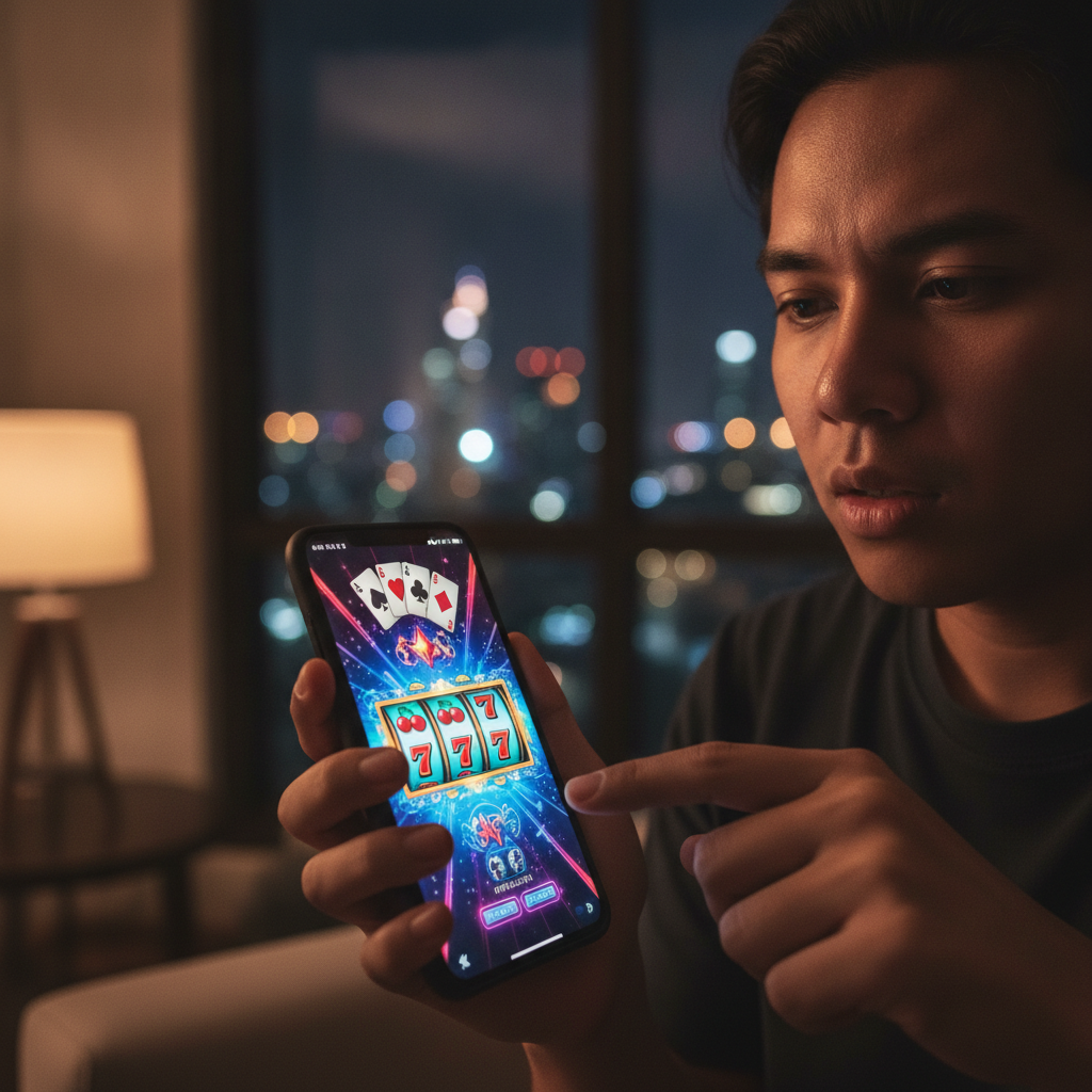 Filipino player engaged in mobile casino gaming on smartphone with glowing screen showing cards and slots
